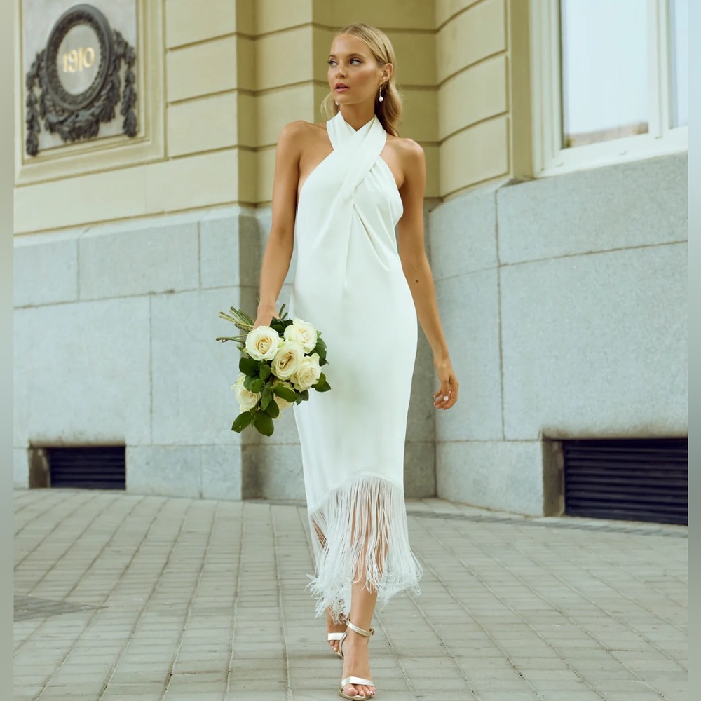 Elegant White Halter Backless Fringe Midi Dress